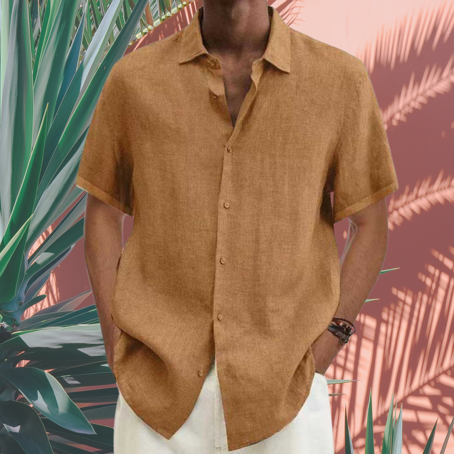 Kurzarmhemd aus Baumwolle – Herrenmodell mit Button-Down | Khaki