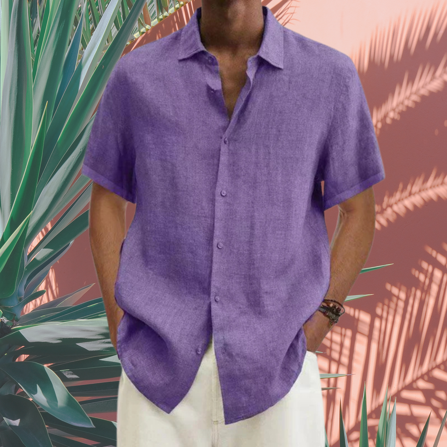 Kurzarmhemd aus Baumwolle – Herrenmodell mit Button-Down | Lila