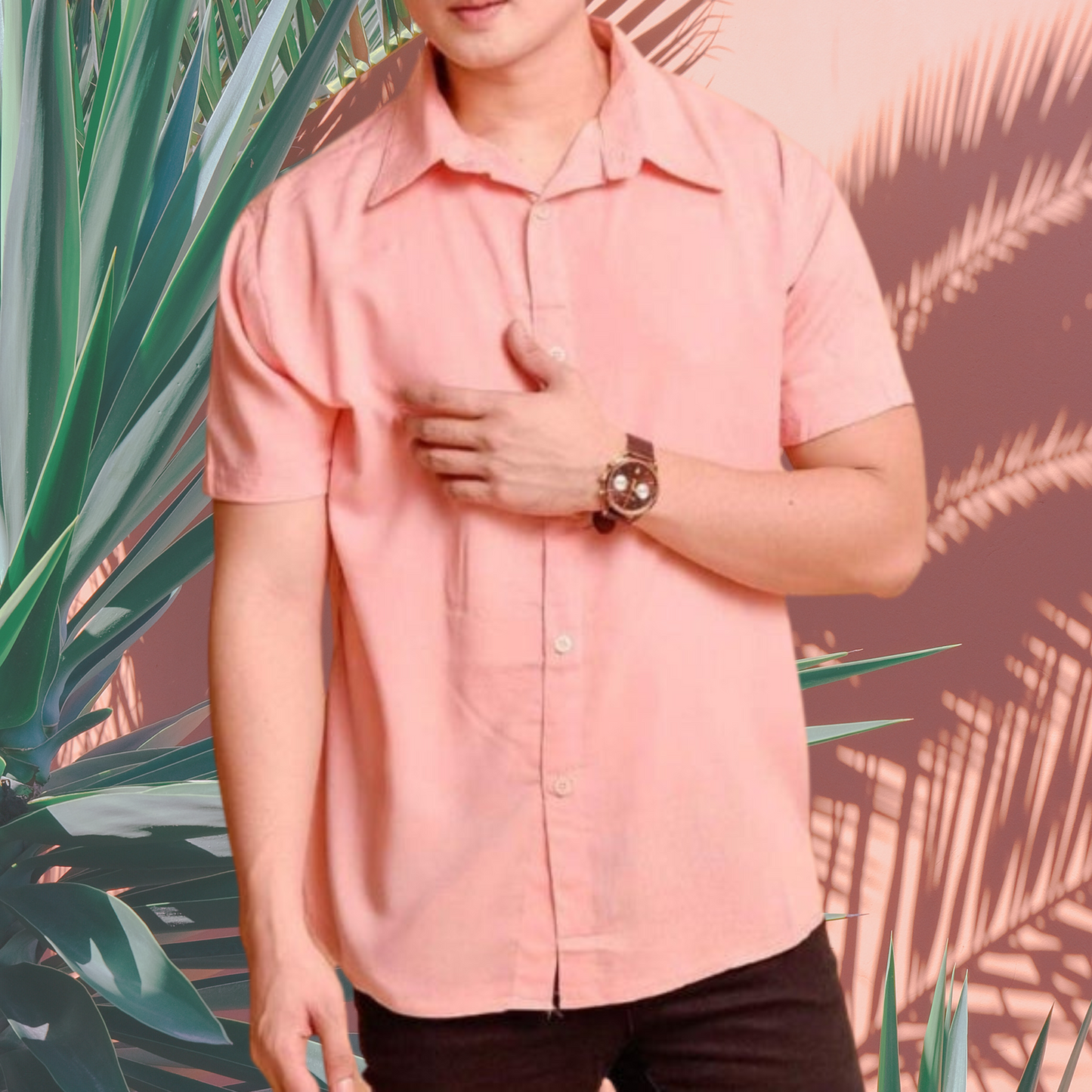 Kurzarmhemd aus Baumwolle – Herrenmodell mit Button-Down | Rosa