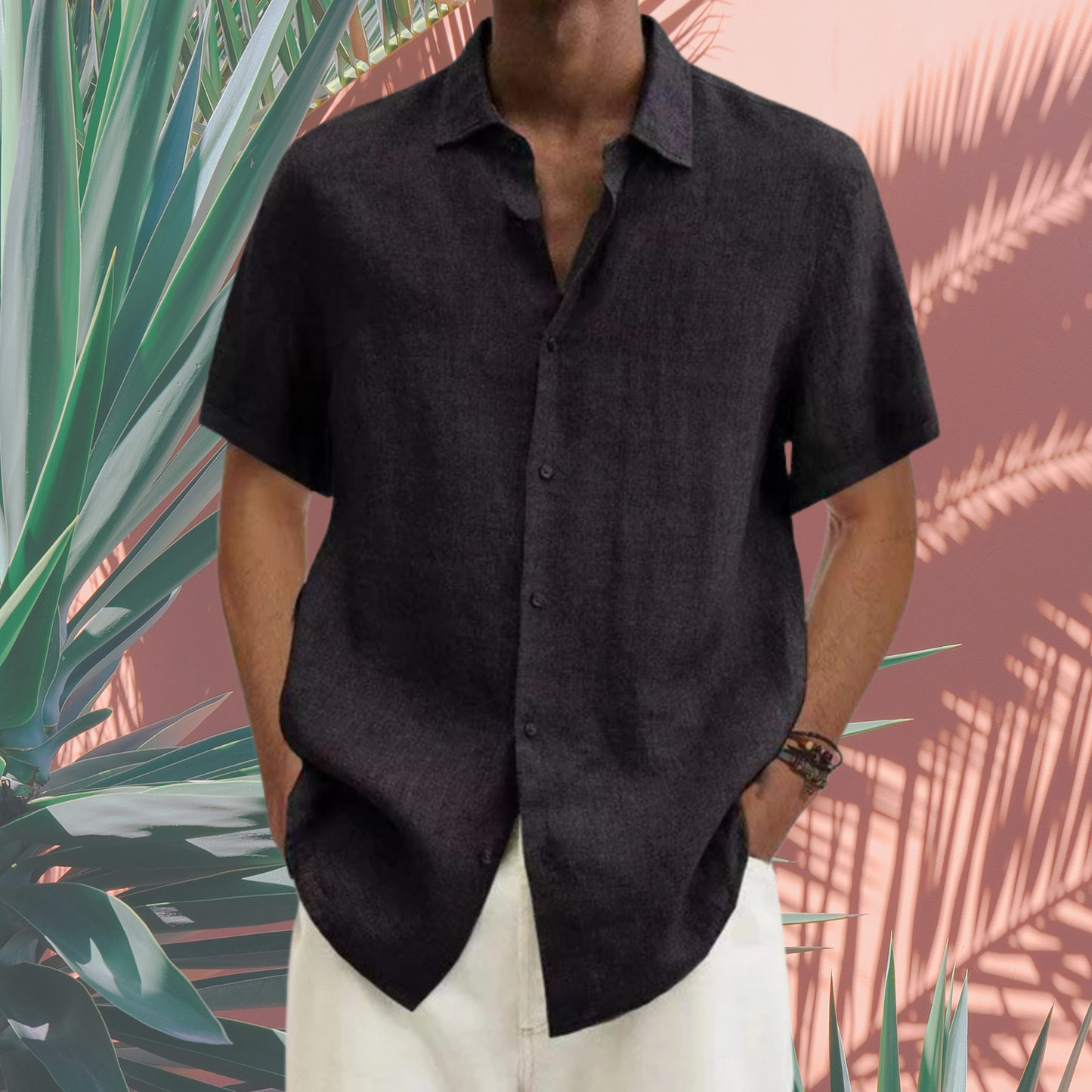 Kurzarmhemd aus Baumwolle – Herrenmodell mit Button-Down | Schwarz