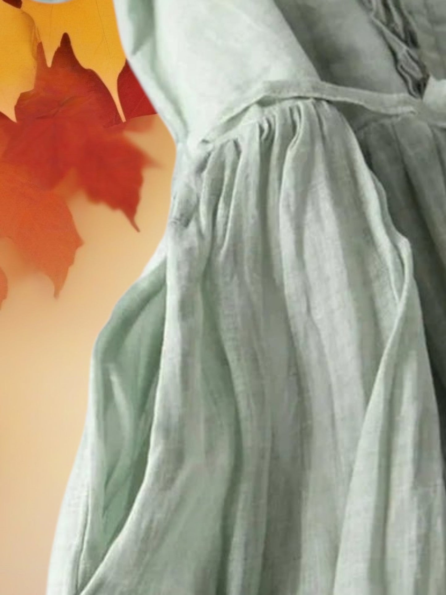 Langarm Sommer -Leinenkleid mit Knopf vorne und verstellbarer Kordelstring Taille