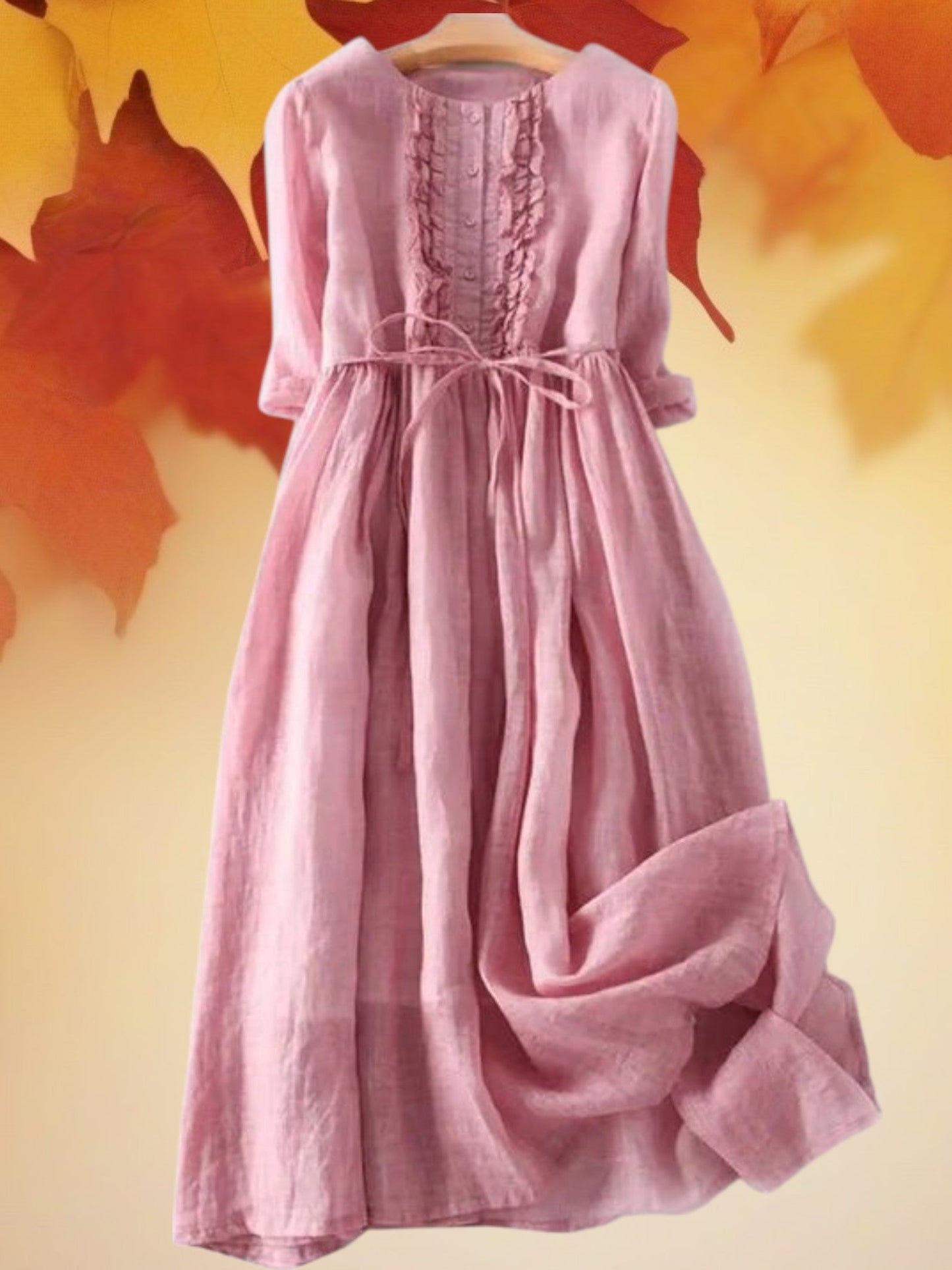 Langarm Sommer -Leinenkleid mit Knopf vorne und verstellbarer Kordelstring Taille