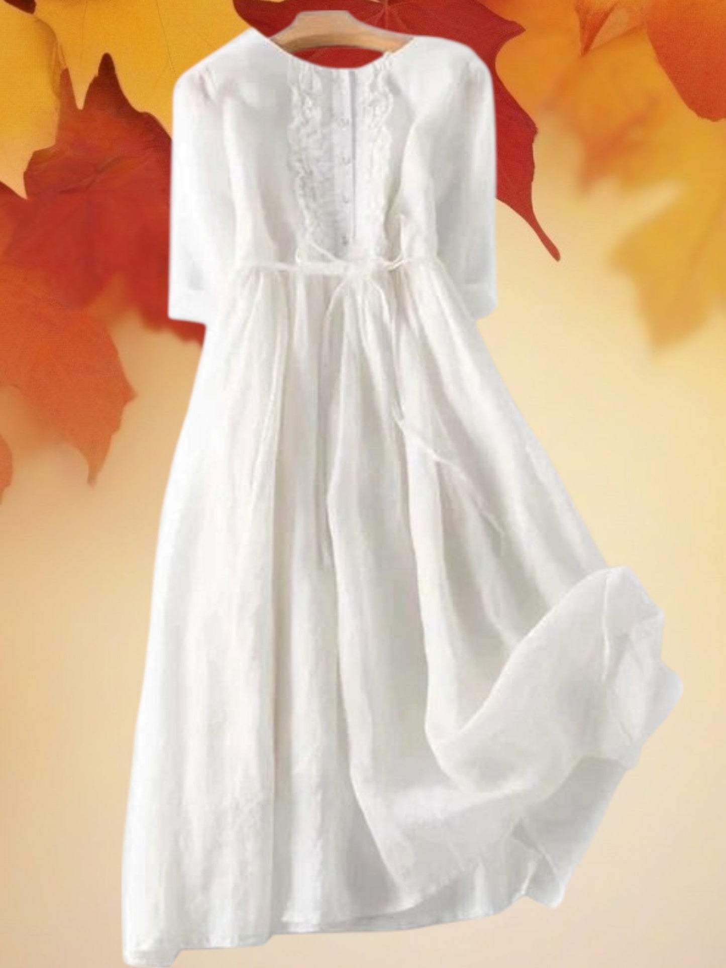 Langarm Sommer -Leinenkleid mit Knopf vorne und verstellbarer Kordelstring Taille