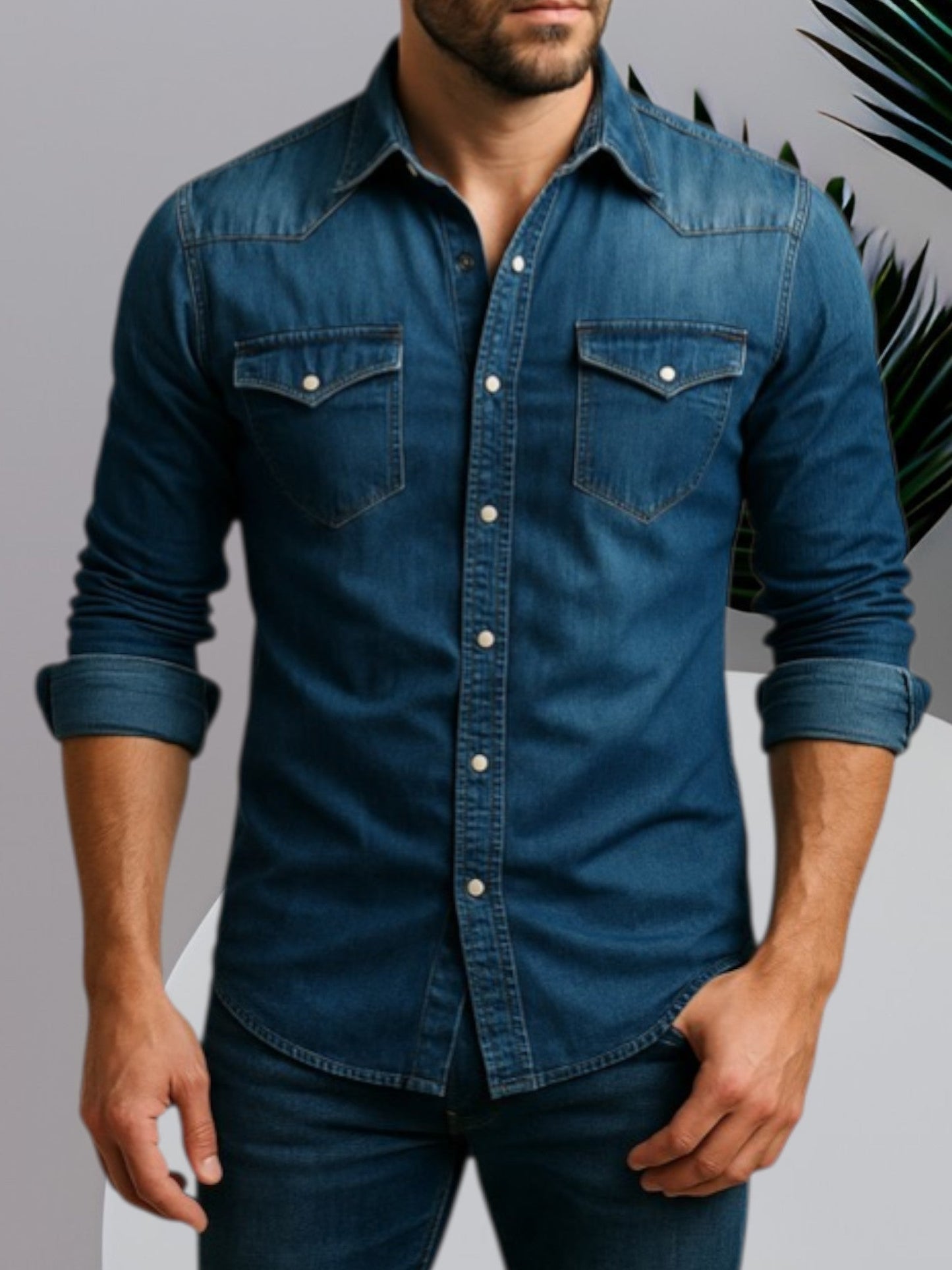 Langärmliges Jeanshemd für Herren mit Knopfverschluss und strapazierfähigem Stoff 2