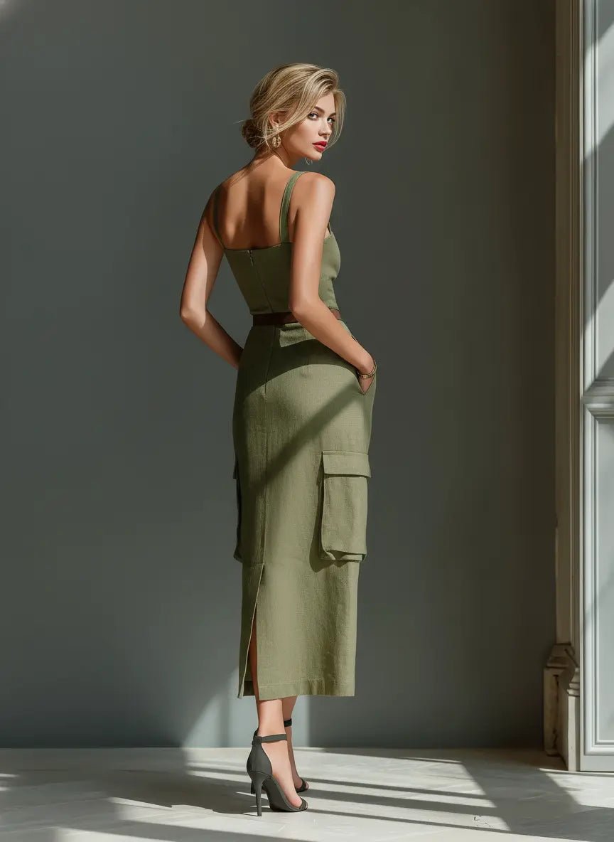 Midi Kleid Damen | Cargo-Stil mit Gürtel & Taschen