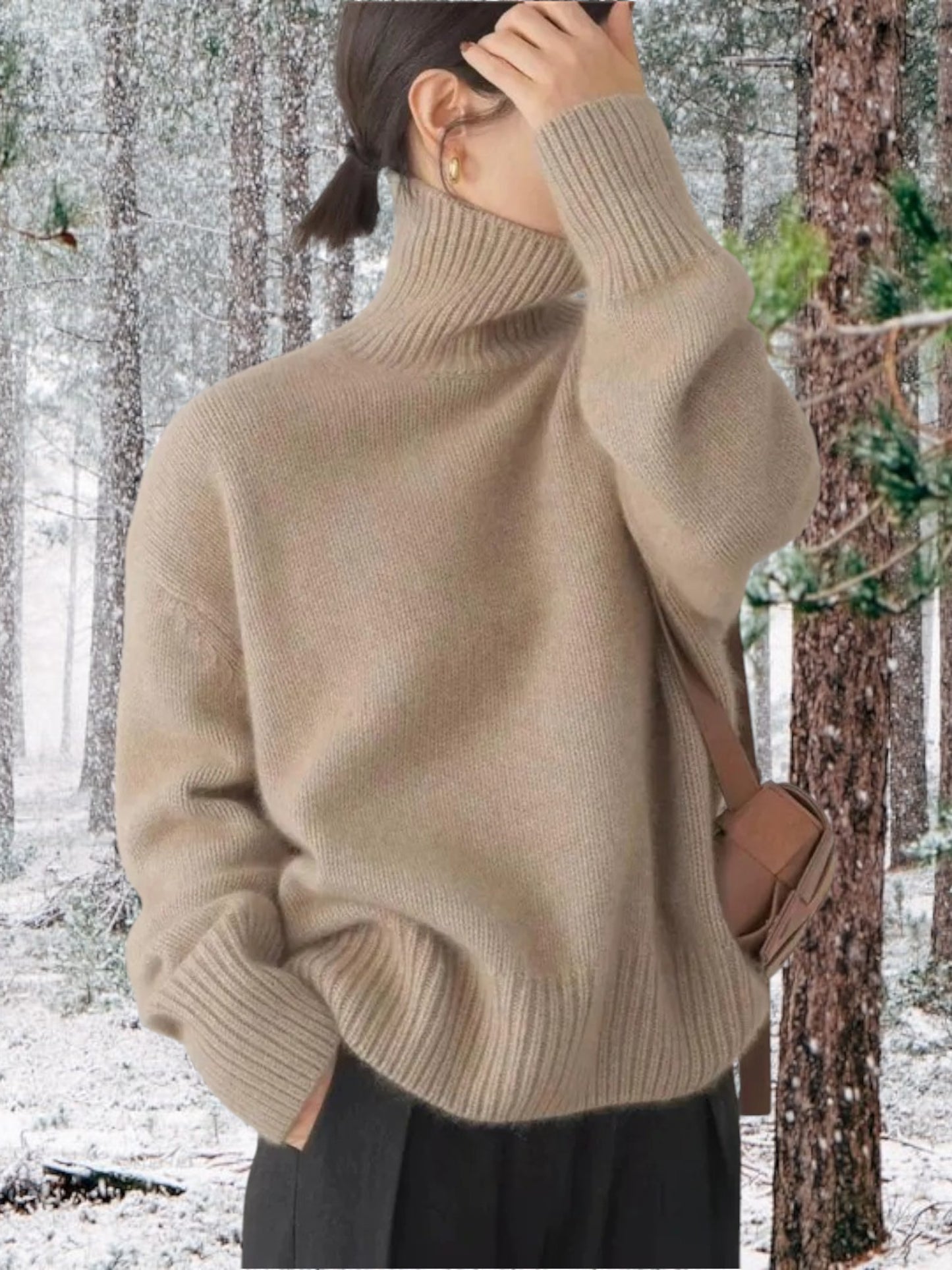 Louise | Hochwertiger Kaschmir Pullover Damen mit hohem Kragen und langen Ärmeln | Khaki 2