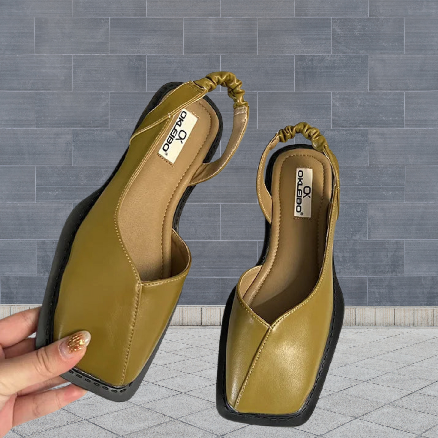 Modische Slingback Sandalen mit eckiger Spitze und Komfortsohle | Gelb-Grun