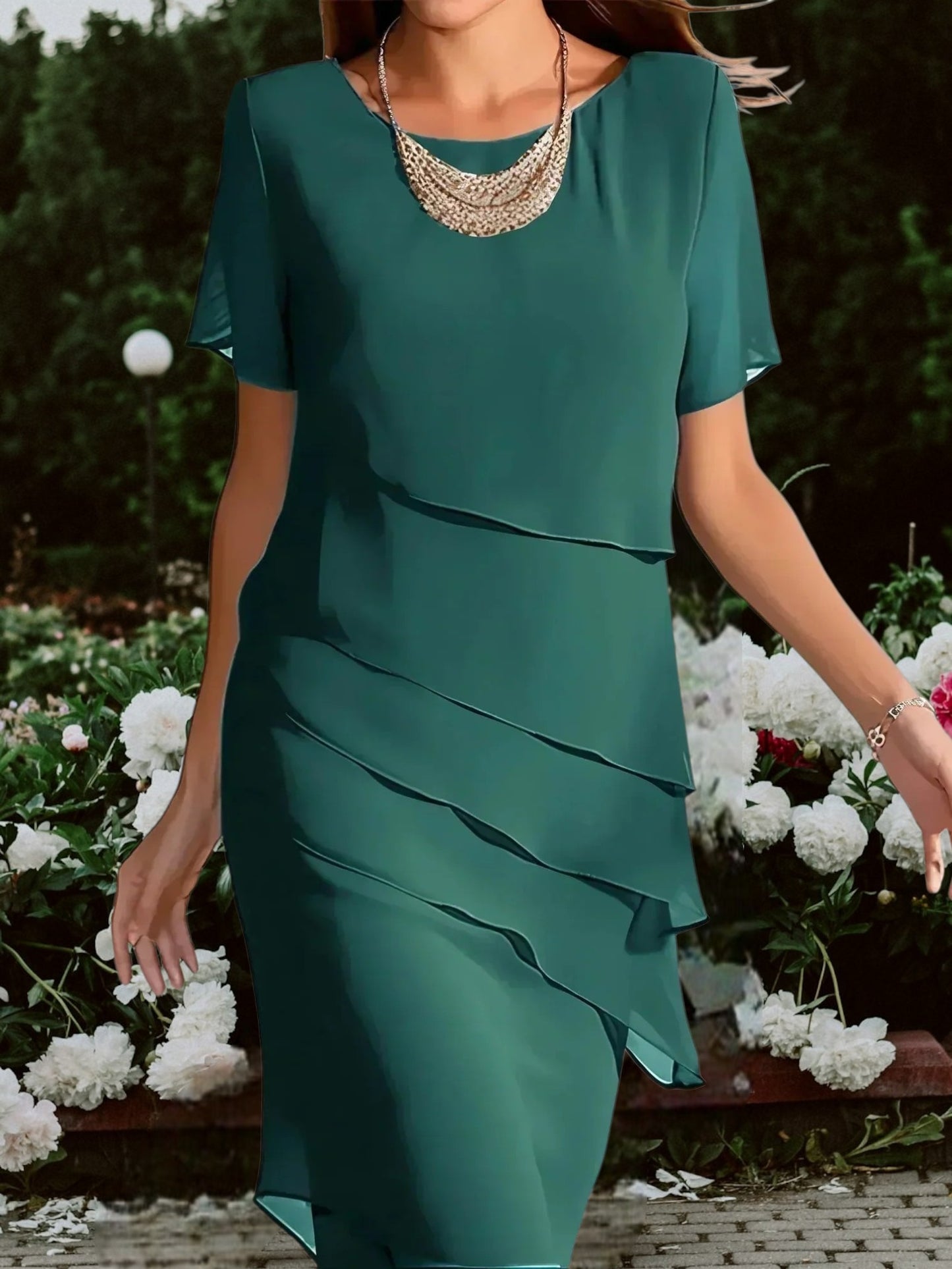 Nabila | Fließendes, bauchfreies Kleid aus leichtem Stoff, kurzärmelig, knielang, für stilvolle Anlässe | Grun