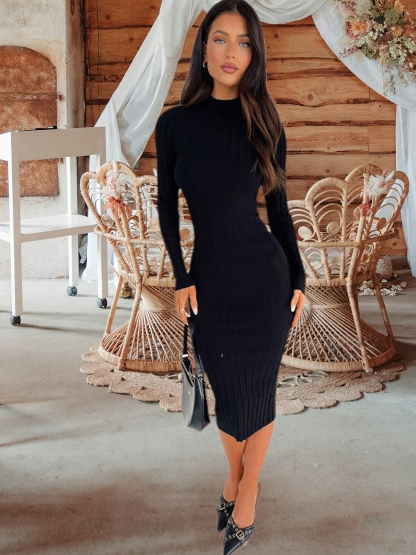 Naiselle | Elegantes Strickkleid für Damen aus hochwertiger Wolle mit hohem Kragen und Rippenstruktur | Schwarz 2