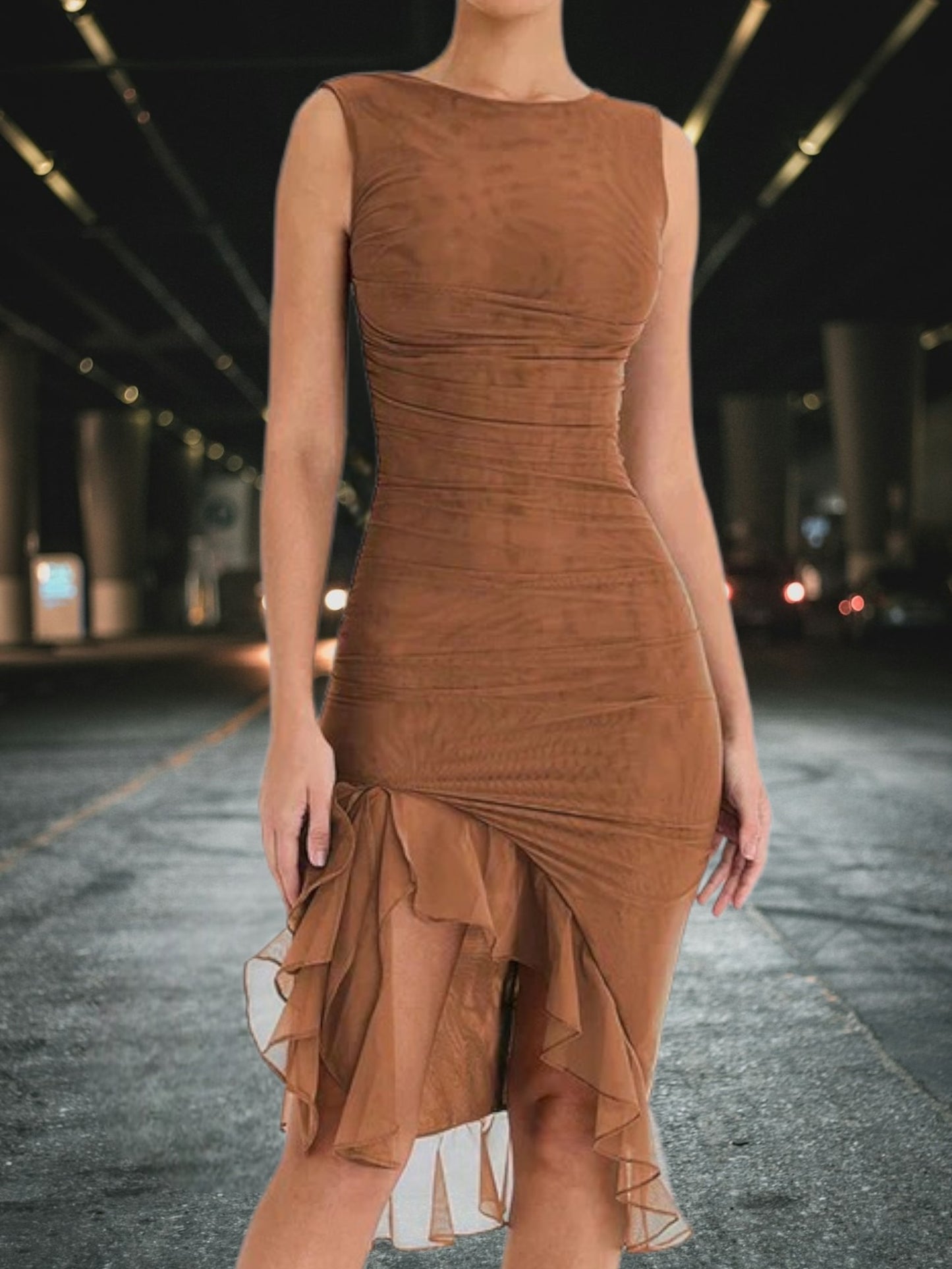 Nancy | Elegantes Midi-Kleid aus weichem Stoff ohne Ärmel für festliche Anlässe | Braun