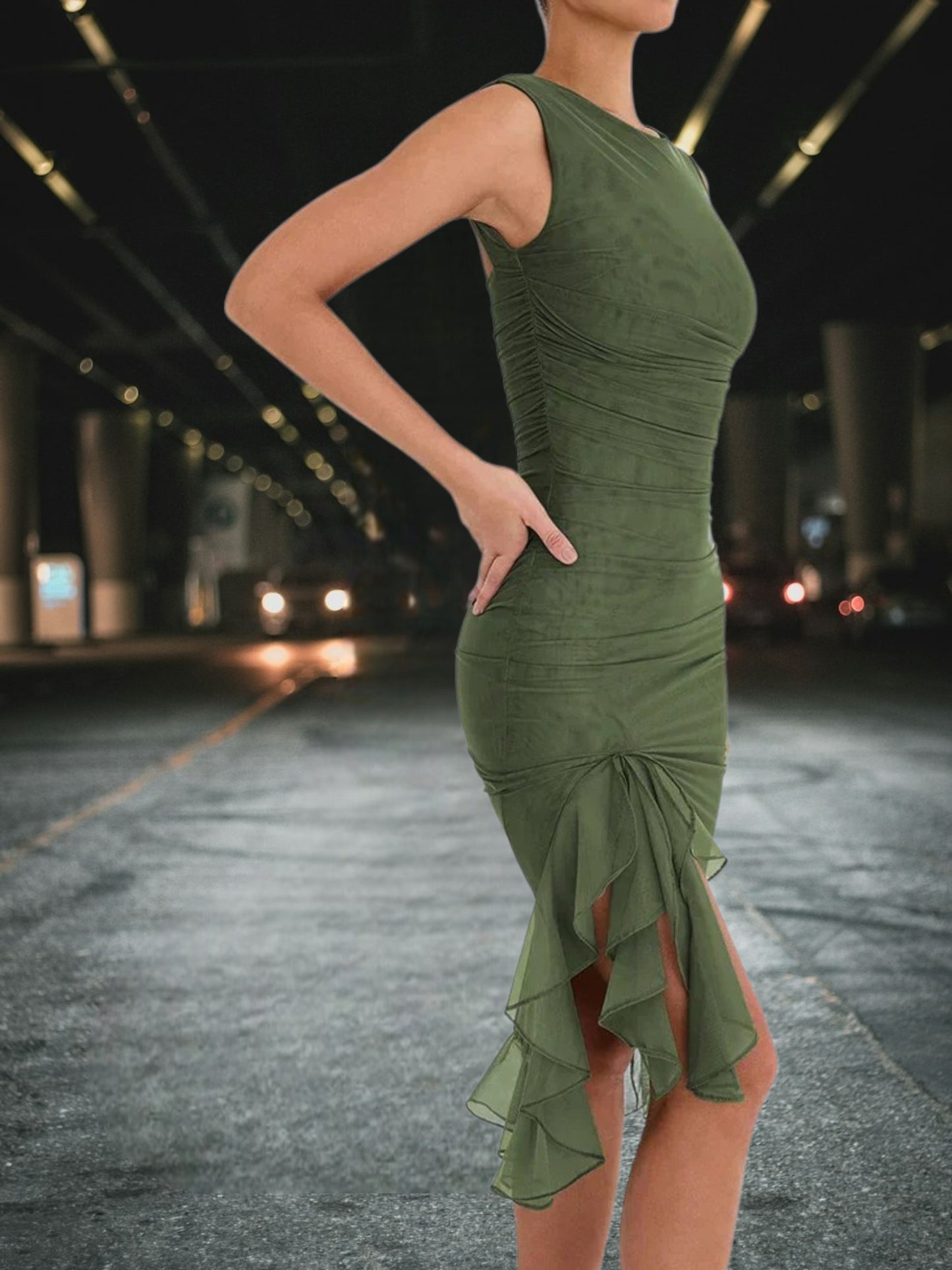 Nancy | Elegantes Midi-Kleid aus weichem Stoff ohne Ärmel für festliche Anlässe | Grun 3