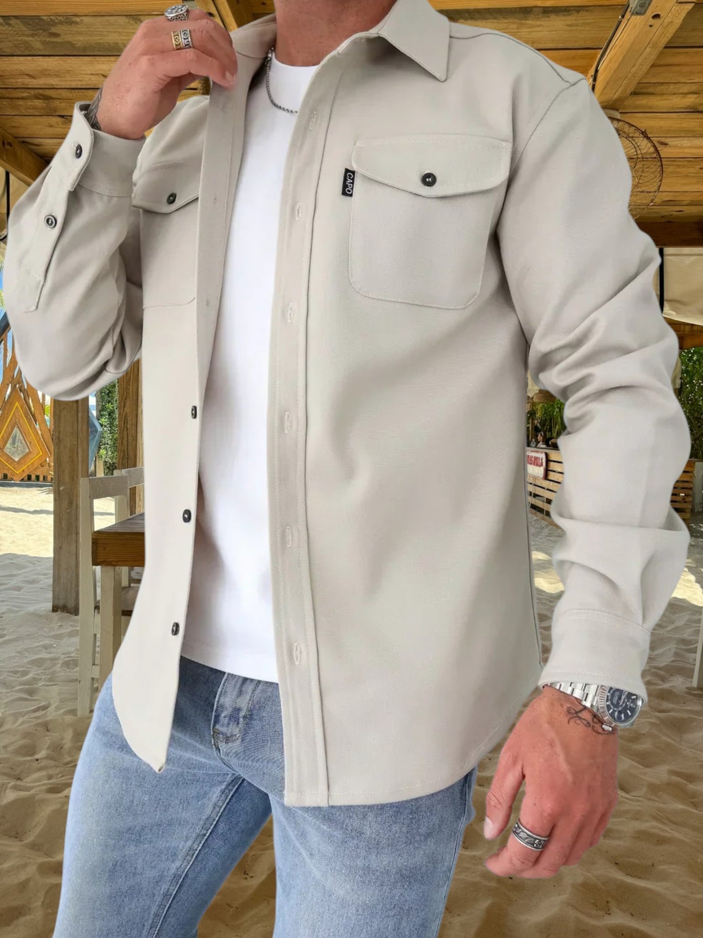 Oswin | Vielseitiges Overshirt aus robuster Baumwollmischung mit langem Arm und Knopfverschluss | Creme