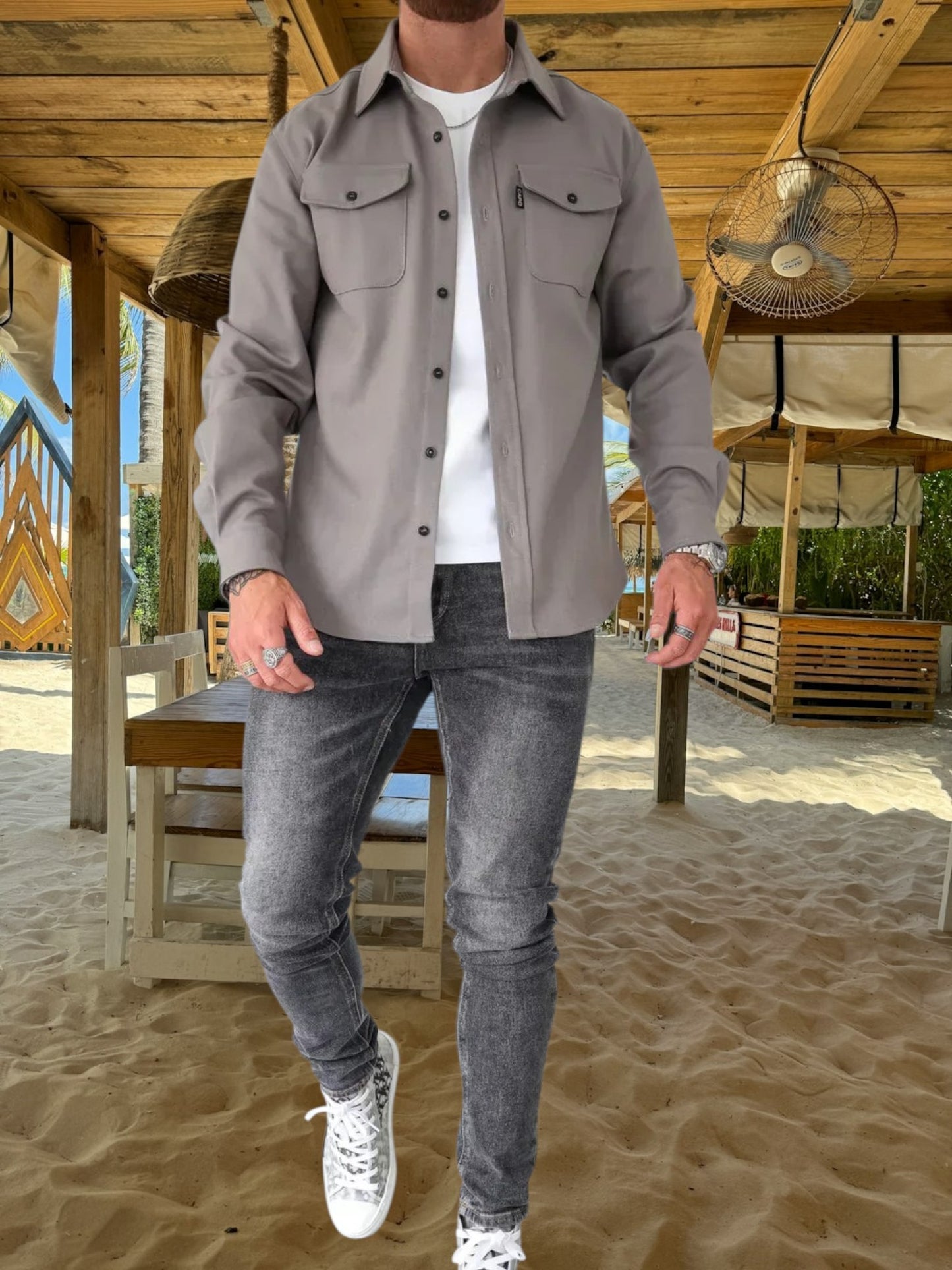 Oswin | Vielseitiges Overshirt aus robuster Baumwollmischung mit langem Arm und Knopfverschluss | Hellgrau 3