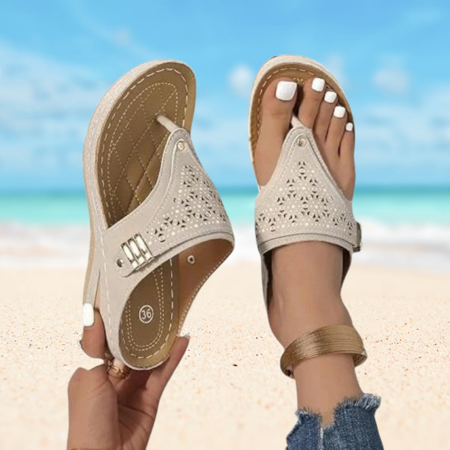 Sommerliche Sandalen aus atmungsaktivem Material mit flexibler Sohle | Beige