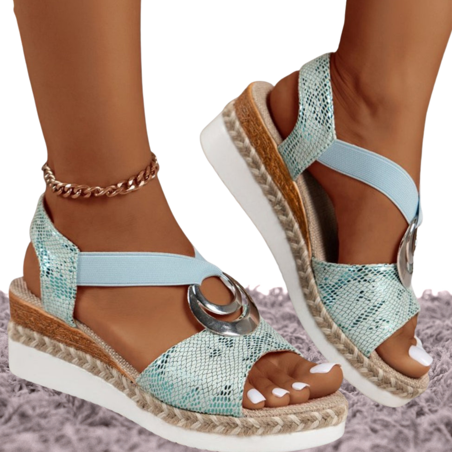 Sommerliche Wedge-Sandalen mit Plateau und PU-Lederriemen | Hellblau