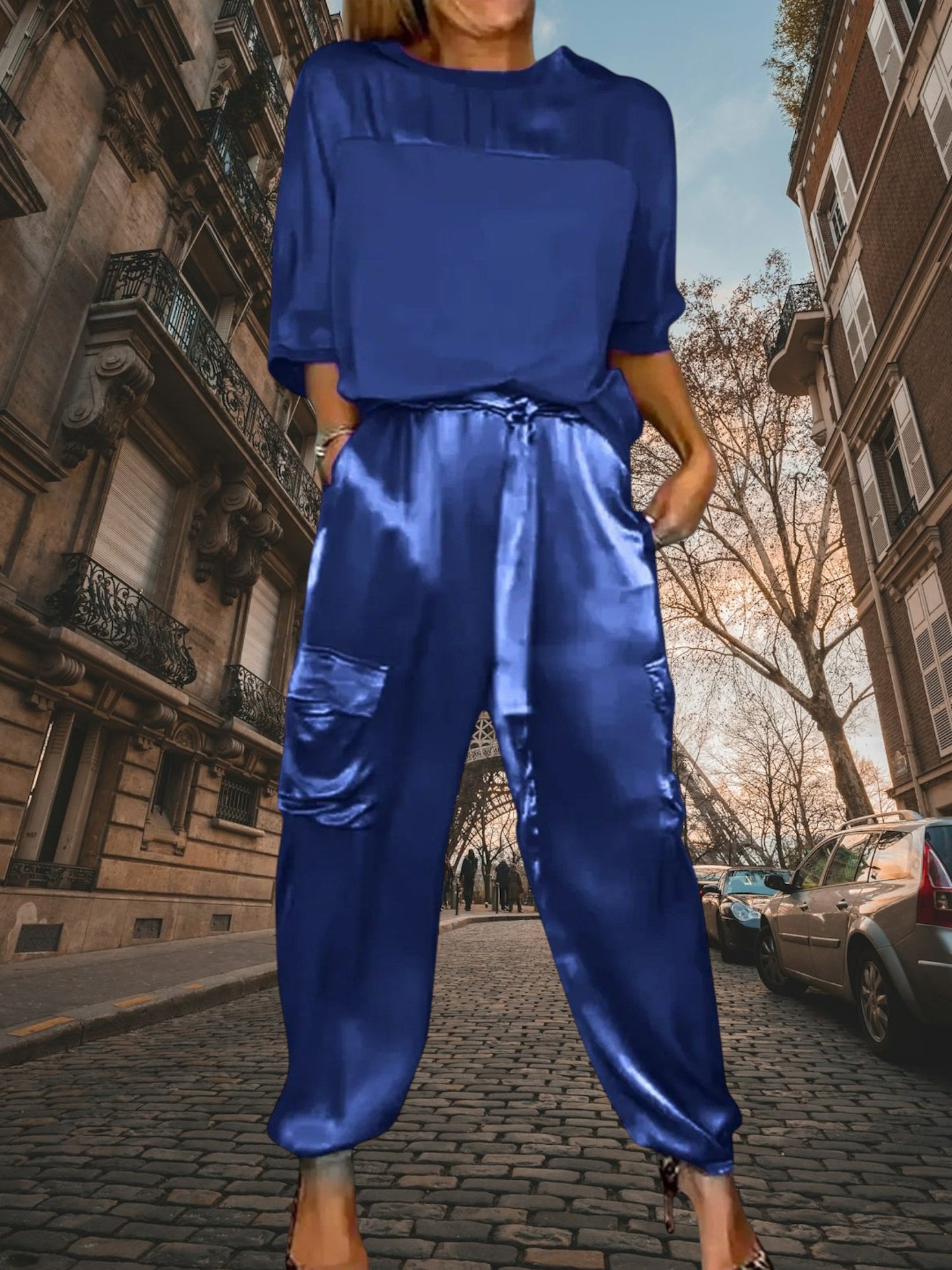 Ulla | Elegantes Twin Set Damen aus atmungsaktivem Satin mit halber Bluse und lockerer Hose | Blau