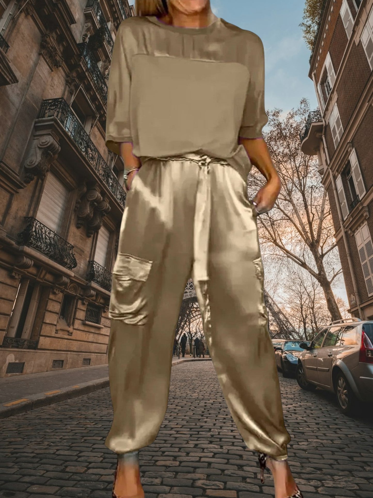Ulla | Elegantes Twin Set Damen aus atmungsaktivem Satin mit halber Bluse und lockerer Hose | Gold