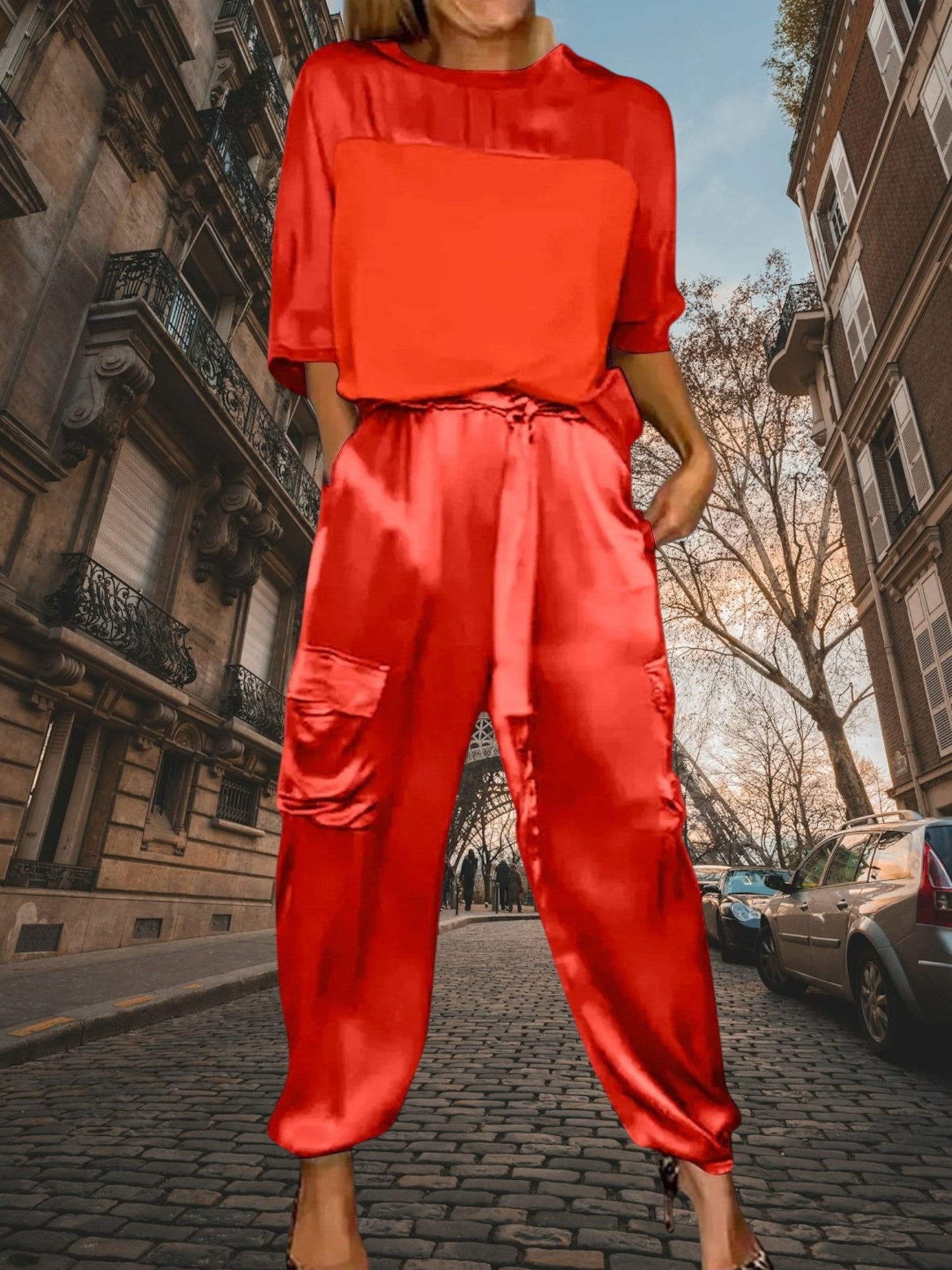 Ulla | Elegantes Twin Set Damen aus atmungsaktivem Satin mit halber Bluse und lockerer Hose | Orange