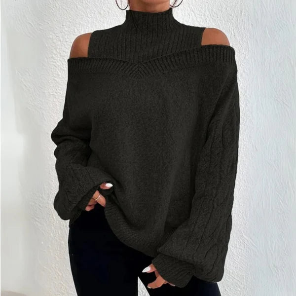 Off-Shoulder Langarm-Pullover – Lockerer Strickcardigan für Damen