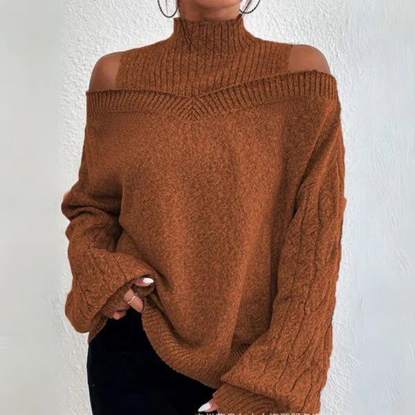 Off-Shoulder Langarm-Pullover – Lockerer Strickcardigan für Damen