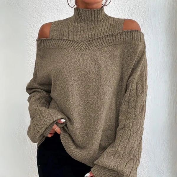 Off-Shoulder Langarm-Pullover – Lockerer Strickcardigan für Damen