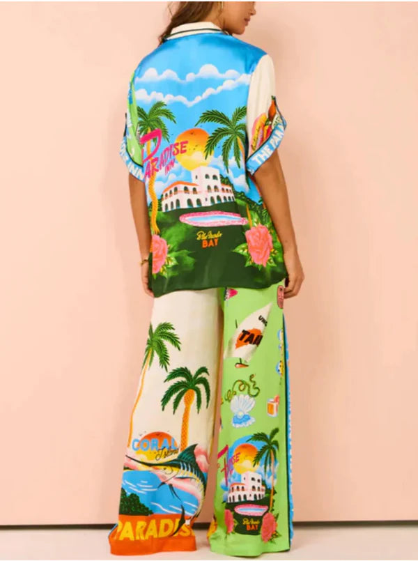 Damen Hawaii Hemd & Hosen Set – Einreiher, Kurzstyle, Bunter Druck