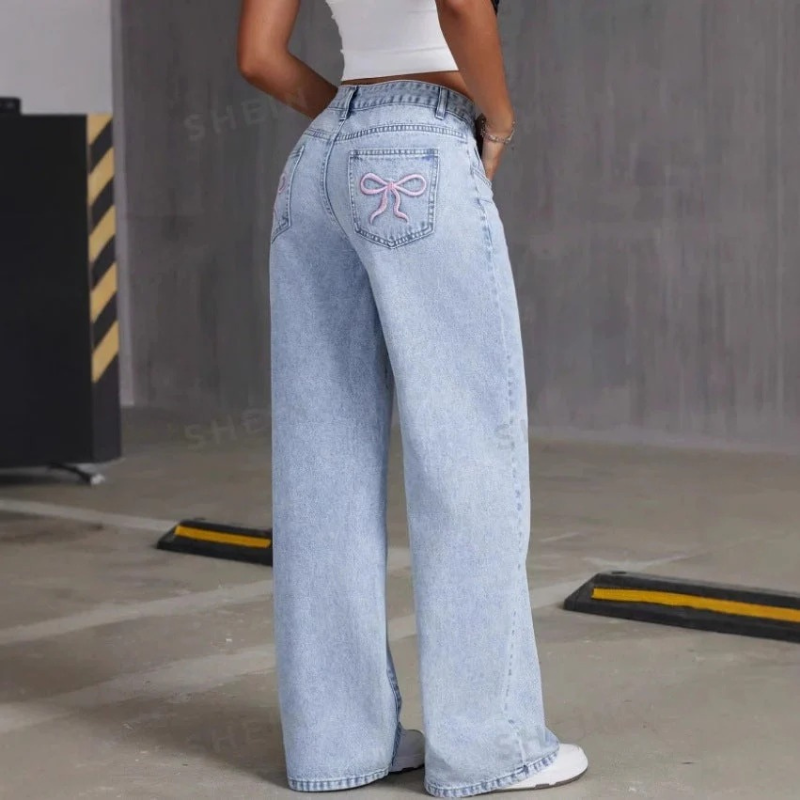 Damen Vintage Bow Stickerei Jeans - Gerade Lockere Passform Denim Hose