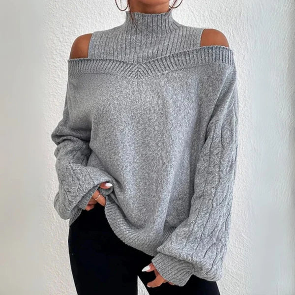 Off-Shoulder Langarm-Pullover – Lockerer Strickcardigan für Damen
