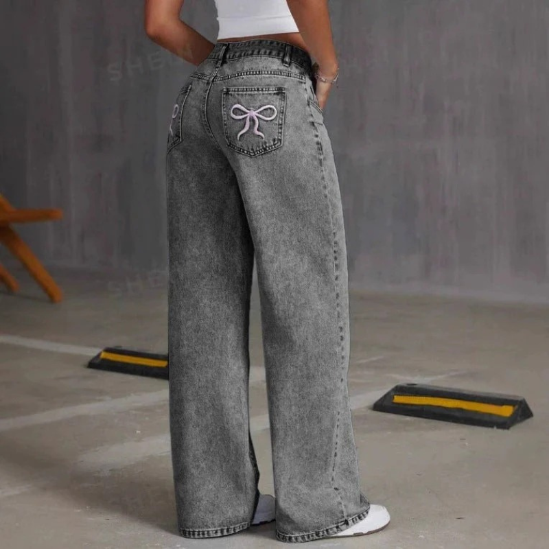 Damen Vintage Bow Stickerei Jeans - Gerade Lockere Passform Denim Hose