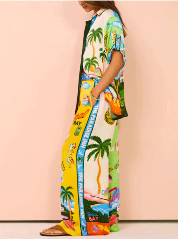 Damen Hawaii Hemd & Hosen Set – Einreiher, Kurzstyle, Bunter Druck