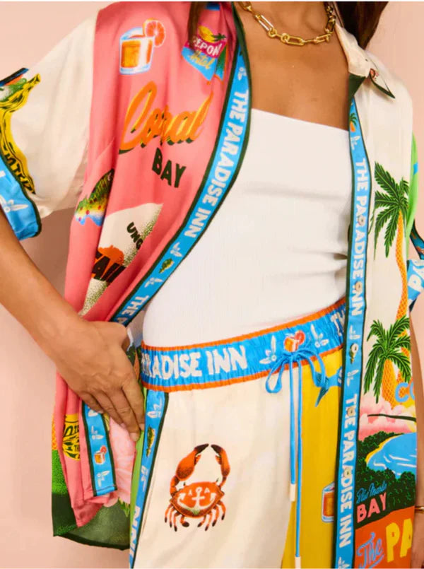 Damen Hawaii Hemd & Hosen Set – Einreiher, Kurzstyle, Bunter Druck