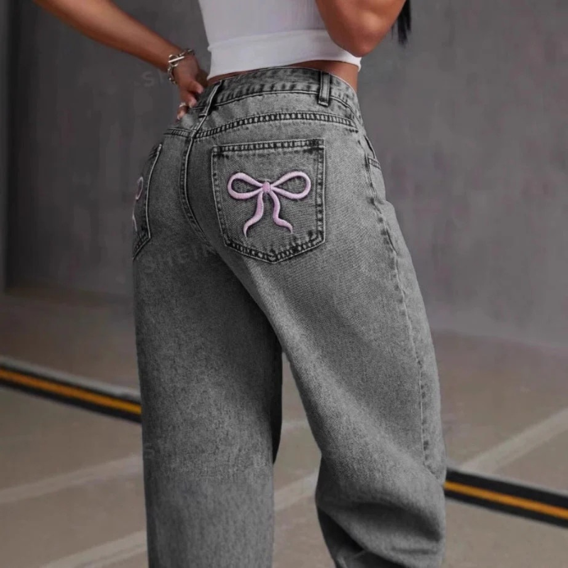 Damen Vintage Bow Stickerei Jeans - Gerade Lockere Passform Denim Hose
