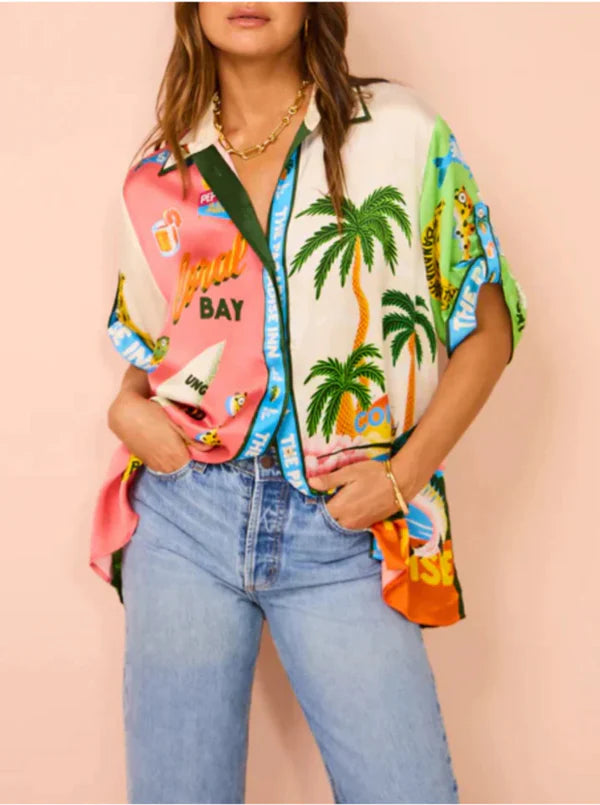 Damen Hawaii Hemd & Hosen Set – Einreiher, Kurzstyle, Bunter Druck