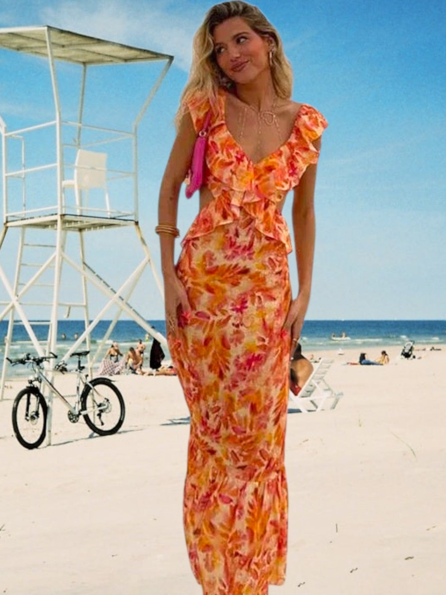 V-Ausschnitt Maxi-Kleid mit Fledermaushülsen und zerrüsteten Details