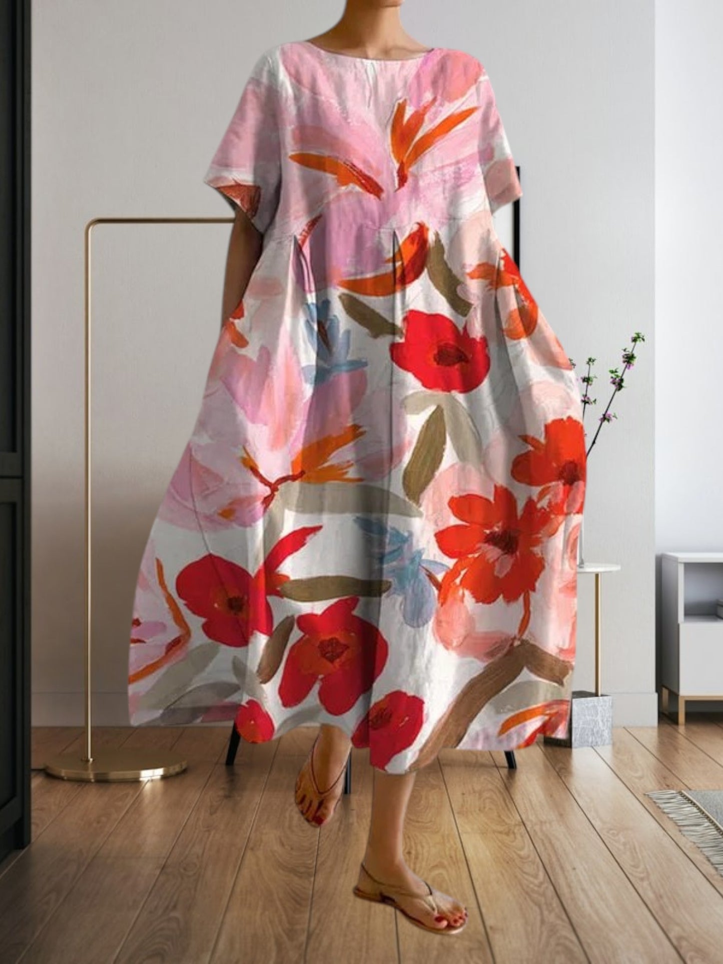 Vibeke | Elegantes Damenkleid mit Blumendruck aus leichtem Stoff, V-Cut, entspanntem Schnitt, ohne Ärmel, perfekt für den Sommer | Rosa