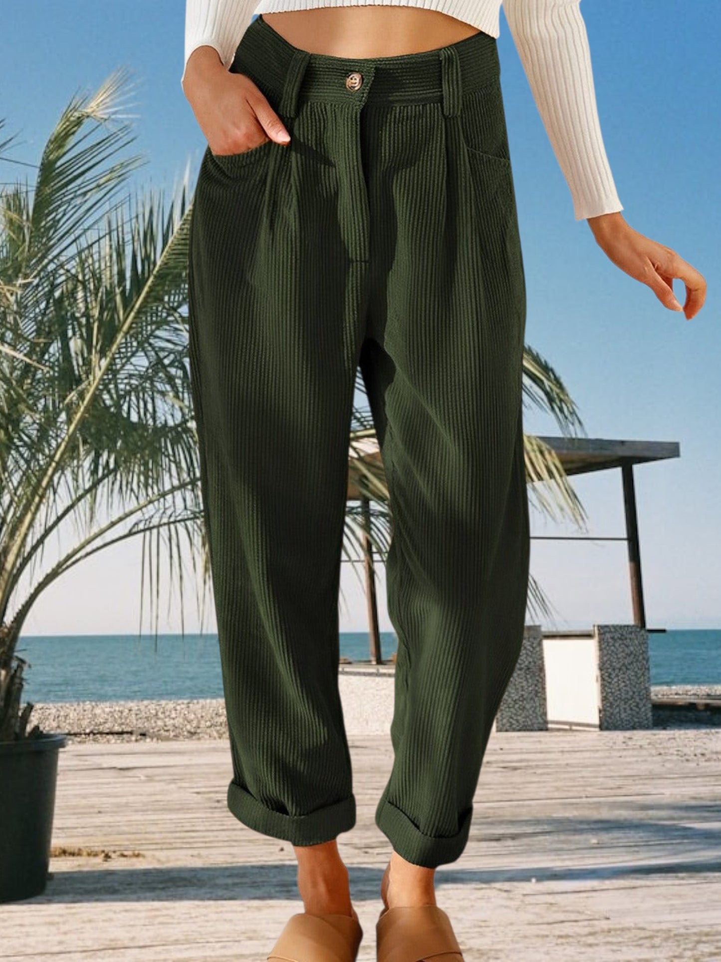 Zell | Stylische hochtaillierte Cordhose für Damen aus weichem Material für jede Gelegenheit | Grun