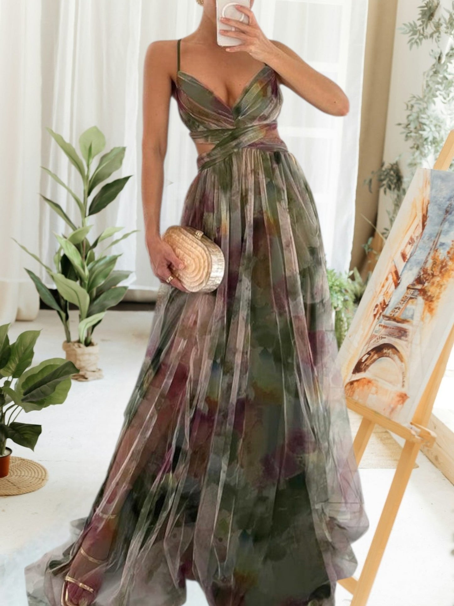 Ärmelloses Maxikleid mit Blumenmuster und verstellbarem Rückenband | Grun