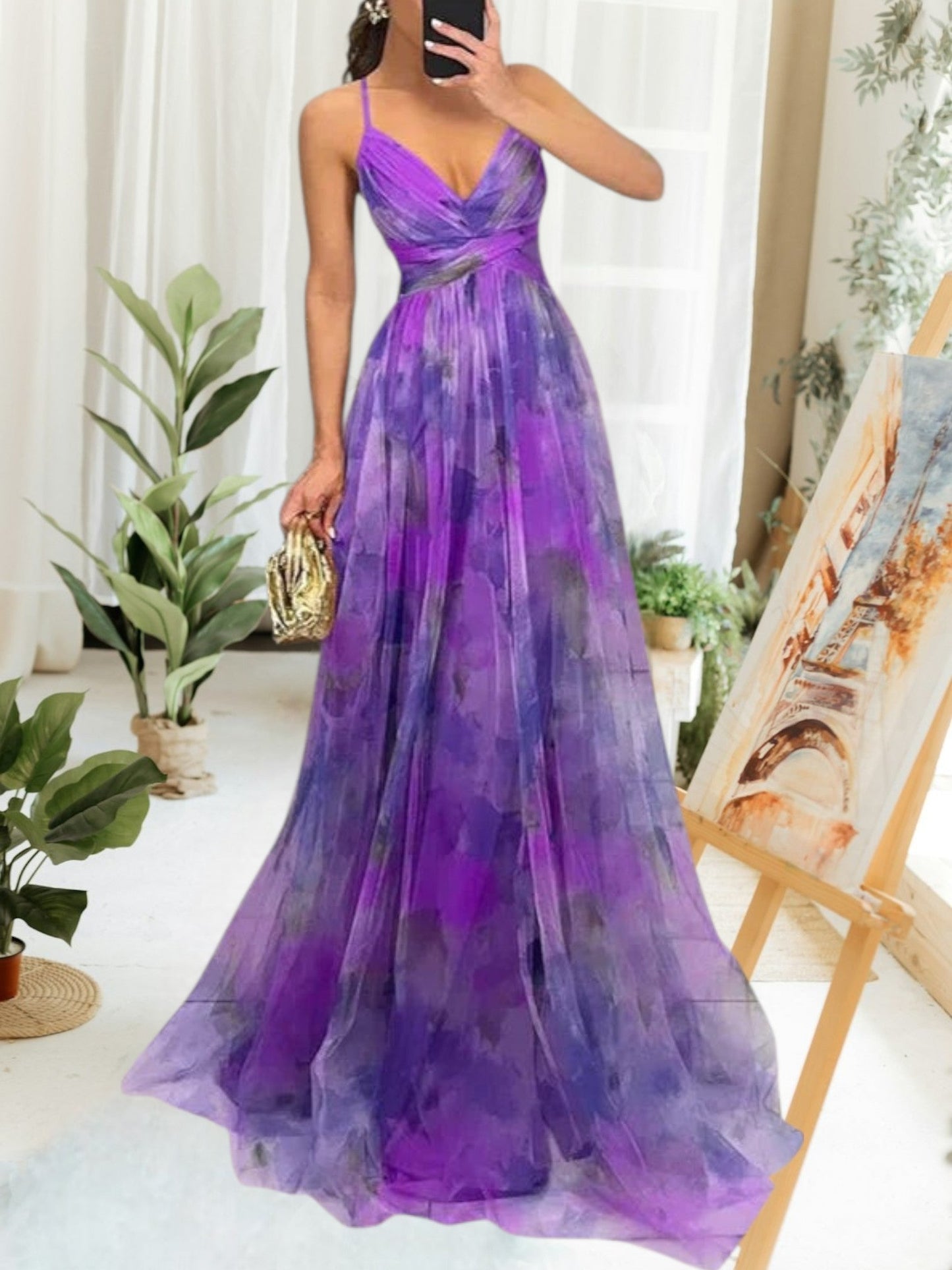 Ärmelloses Maxikleid mit Blumenmuster und verstellbarem Rückenband | Lila