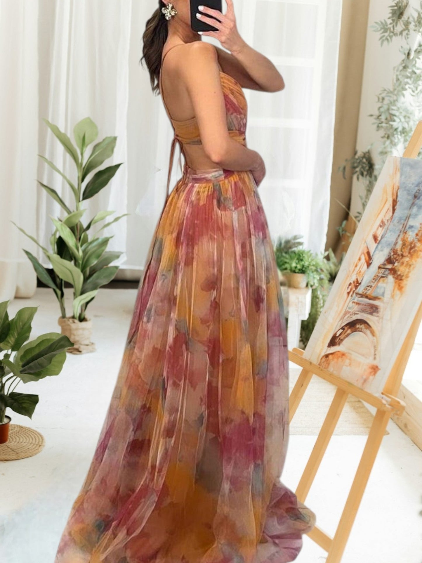 Ärmelloses Maxikleid mit Blumenmuster und verstellbarem Rückenband | Orange 2