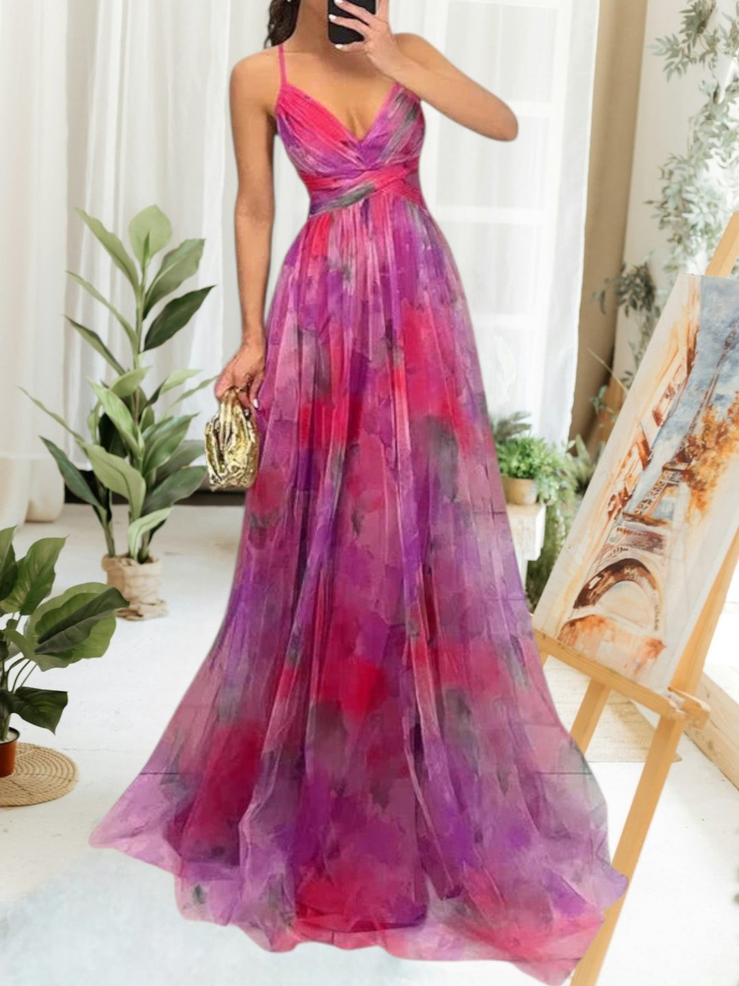 Ärmelloses Maxikleid mit Blumenmuster und verstellbarem Rückenband | Rosa