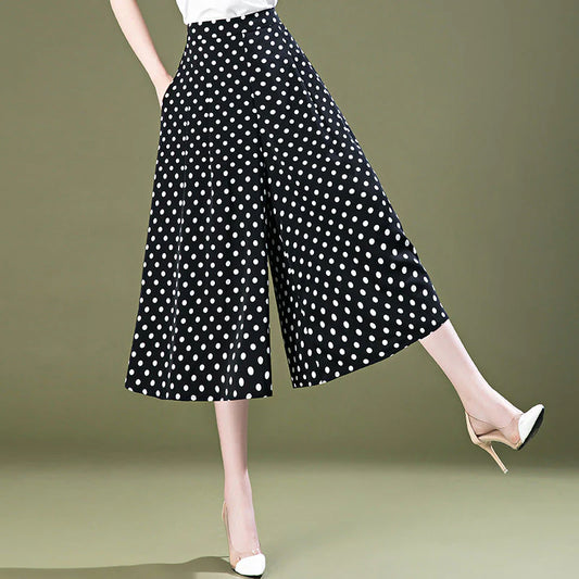 Damen Dots Print Weite Beinhose – Hoher Bund Casual Hosen für Sommer & Frühling