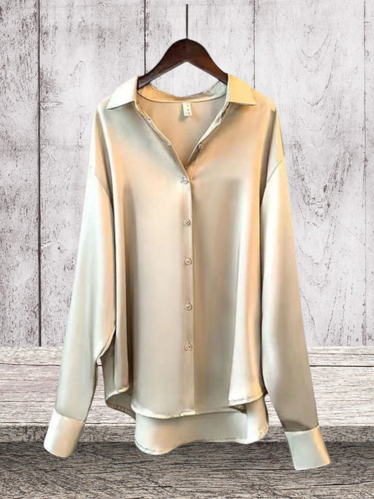 ANNE | Elegante Damenbluse aus Satin mit langem Arm und glänzendem Finish | Champagner 