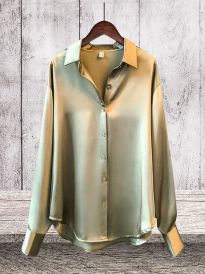 ANNE | Elegante Damenbluse aus Satin mit langem Arm und glänzendem Finish | Olivgrün
