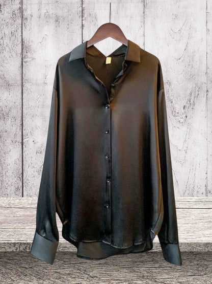 ANNE | Elegante Damenbluse aus Satin mit langem Arm und glänzendem Finish | Schwarz