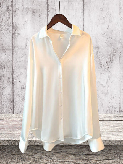 ANNE | Elegante Damenbluse aus Satin mit langem Arm und glänzendem Finish | Weiß