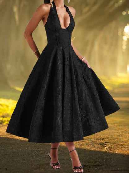 Aella | Elegantes Cocktailkleid A-Linie mit tiefem V-Ausschnitt für Hochzeiten und festliche Anlässe | Schwarz