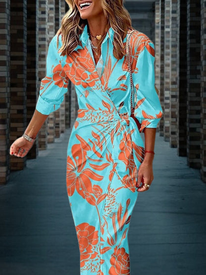 Aerelith | Elegantes Damen Wickelkleid aus leichtem Stoff für den Sommer, 3/4 Ärmel und mit Kragen | Hellblau