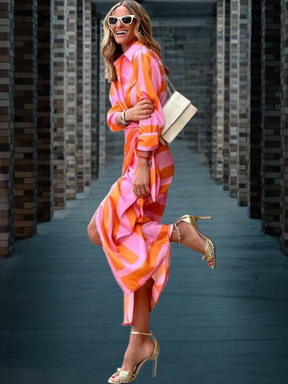 Aerelith | Elegantes Damen Wickelkleid aus leichtem Stoff für den Sommer, 3/4 Ärmel und mit Kragen | Orange 2