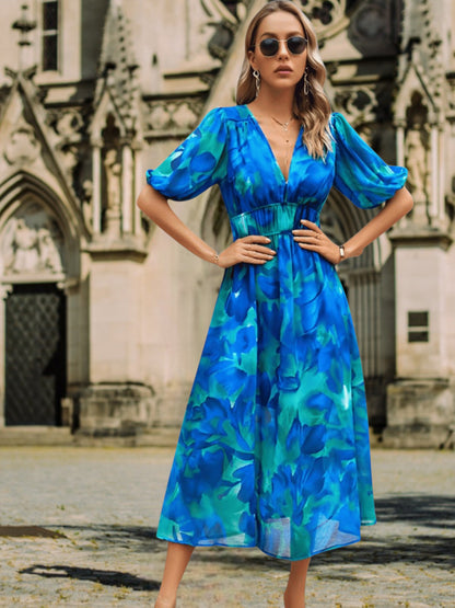 Anette | Luftiges Sommerkleid für Damen aus 100% Bio-Baumwolle, kurze Ärmel, Maxilänge, atmungsaktiv und umweltfreundlich | Blau