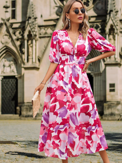 Anette | Luftiges Sommerkleid für Damen aus 100% Bio-Baumwolle, kurze Ärmel, Maxilänge, atmungsaktiv und umweltfreundlich | Fuchsia